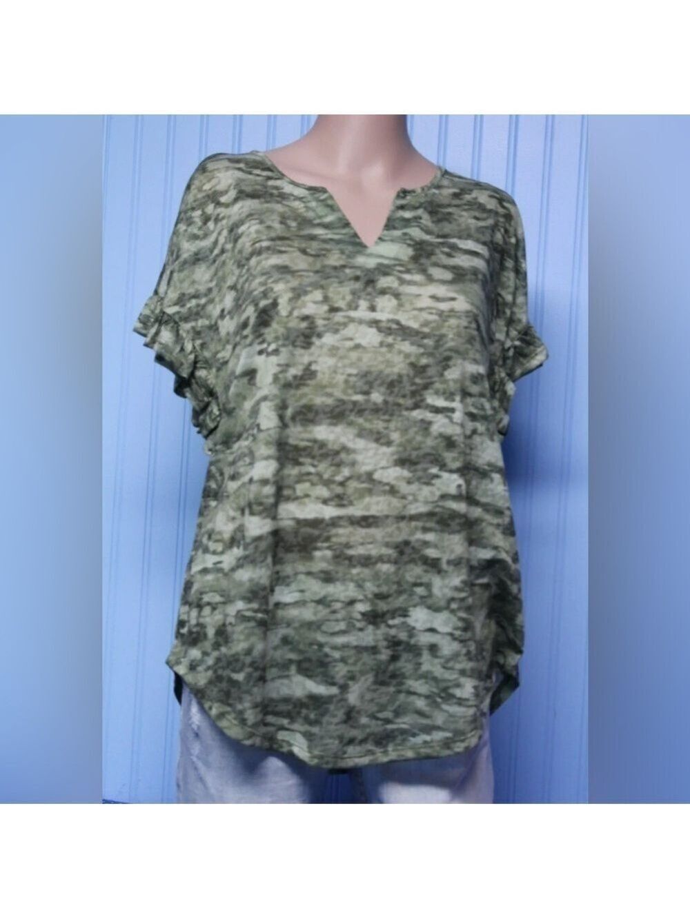 Ruby Rd. Sage Green Sleeveless Top with Ruffle Shoulder Small NWT